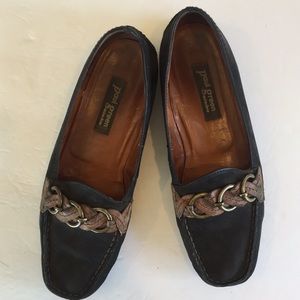 Paul Green Black Leather Loafers with Tan Braided Accent